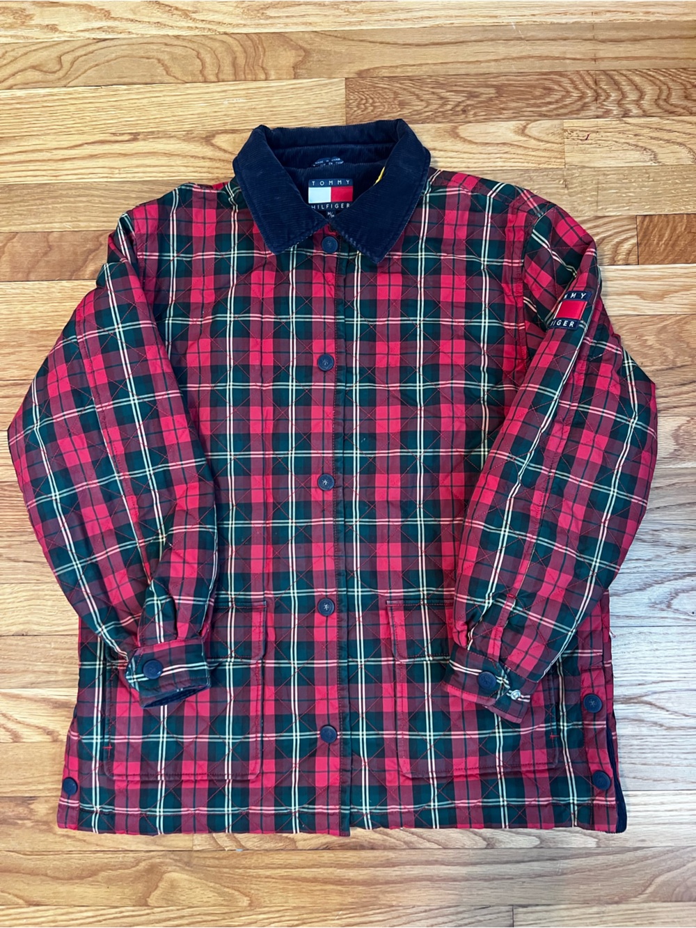 Tommy Hilfiger Y2K Red, Green Plaid Quilted Jacket Navy Collar Snap Front